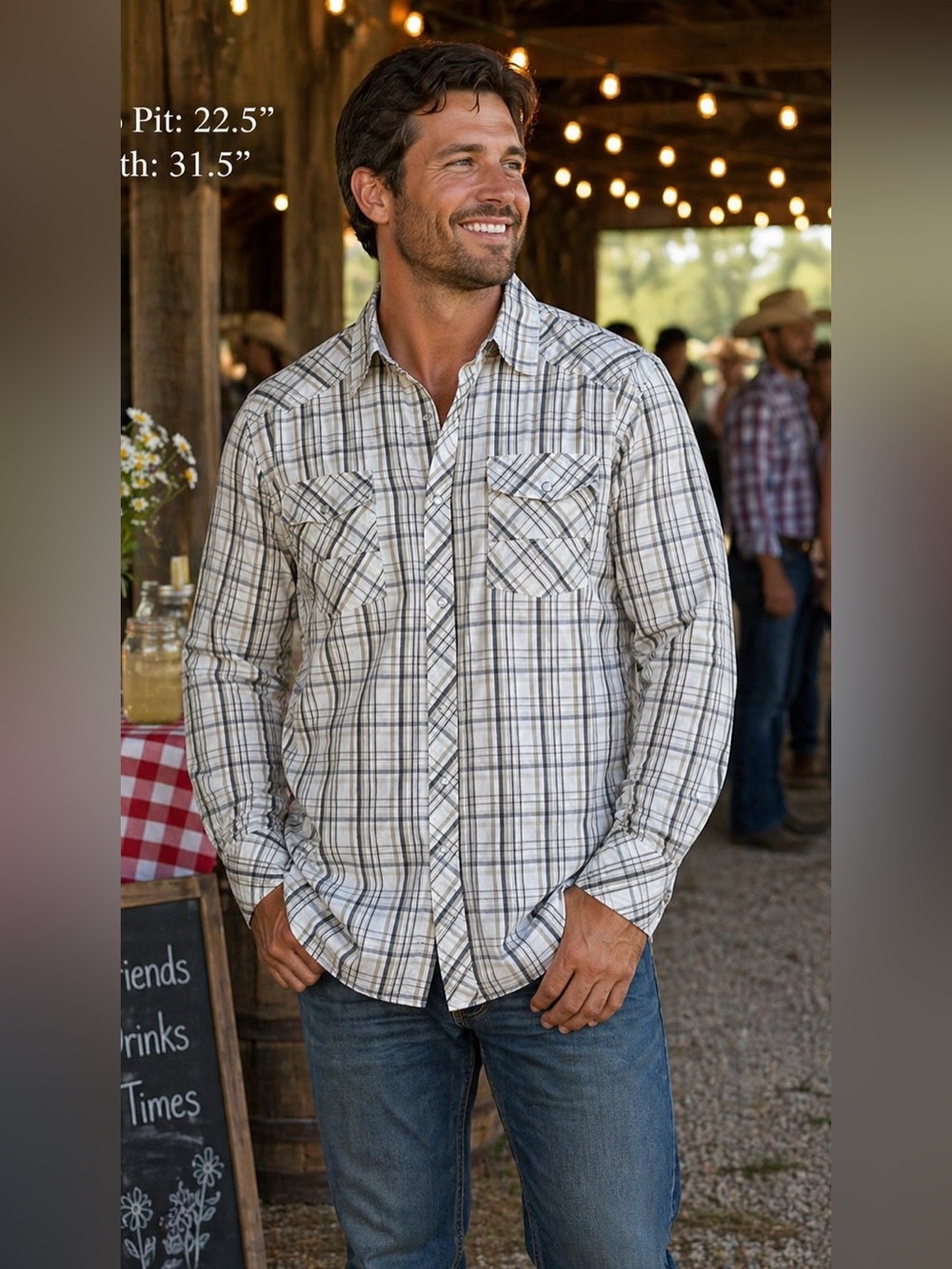 Random Access Plaid Western Snap Button Shirt Mens Large Gray Country Cowboy